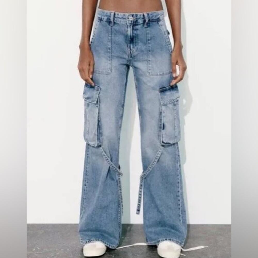 Zara cargo style pockets wide leg plus size jeans 14